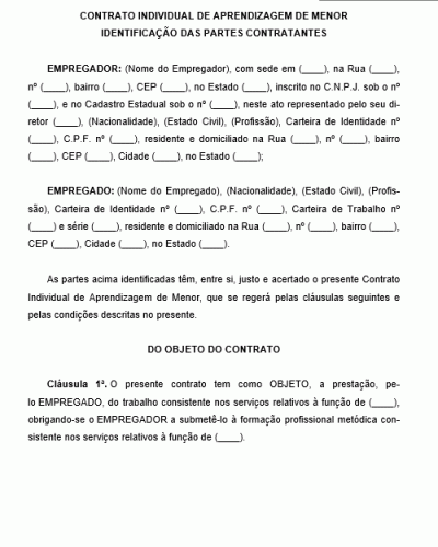 Modelo de Contrato de Trabalho de Menor Aprendiz - Aprendizagem de Menor