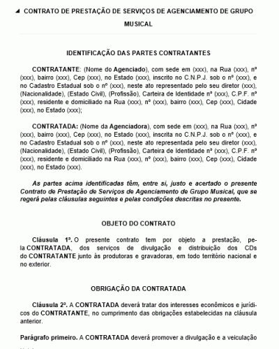 Modelo de Contrato de Prestação de Serviços de Agenciamento de Banda ou Grupo Musical