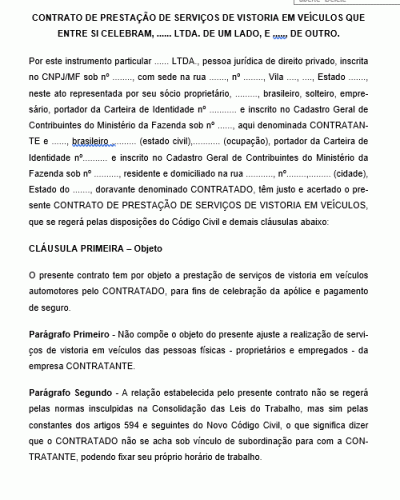 Modelo de Contrato de Vistoria em Veículos Automotores Modelo de Contrato de Vistoria em Veículos Automotores