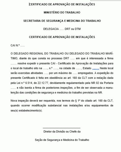 Modelo de Certificado de Aprovação de Instalações