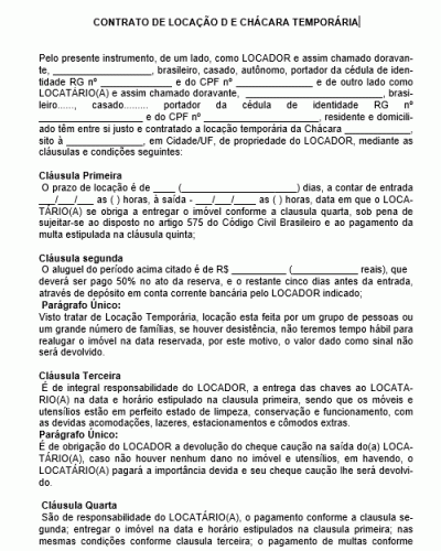 Modelo de Contrato de Locação de Chácara Temporária - Aluguel Sítio ou Casa de Campo