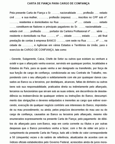 Modelo de Carta de Fiança para Preenchimento de Cargo de Confiança