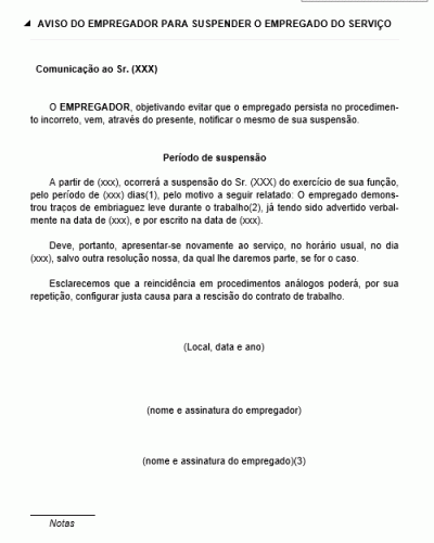 Modelo de Aviso de Suspensão - Do Empregador para Suspender Empregado do Trabalho