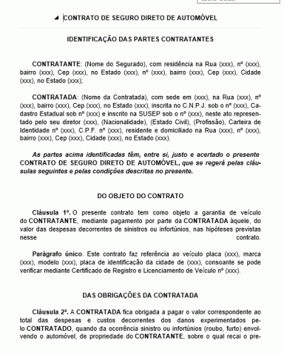 Modelo de Contrato de Seguro Direto de Automóvel - Ocorrência Sinistro  Envolvendo o Carro