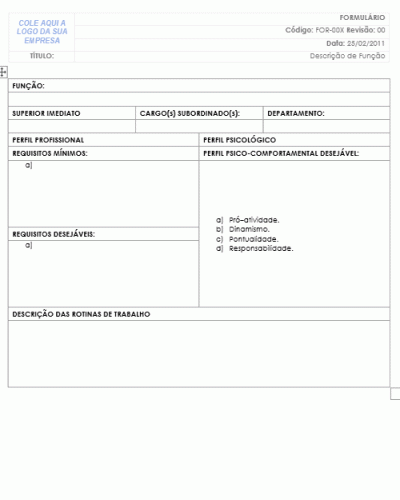 Modelo de Formulário com Descrição de Cargo e Função