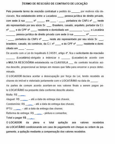 Exemplo de Termo de Rescisão de Contrato de locação
