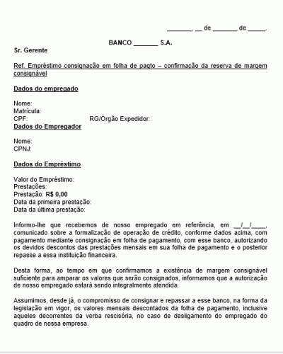 Modelo de Carta de Empréstimo consignado em Folha Funcionário