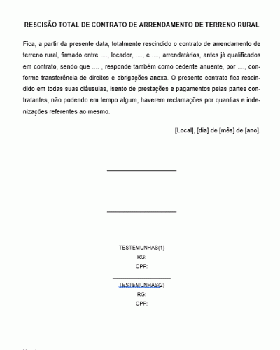 Modelo de Rescisão Total de Contrato de Arrendamento de Imóvel Rural