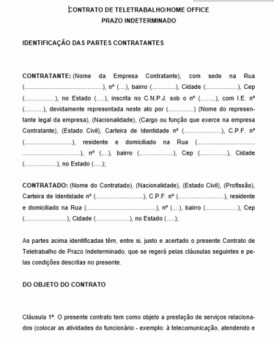 Modelo de Contrato de trabalho HOME OFFICE - TeleTrabalho