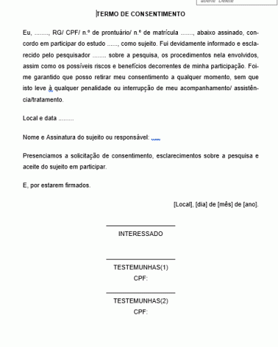 Modelo de Termo de Consentimento para Submissão à Pesquisa ou Tratamento Médico