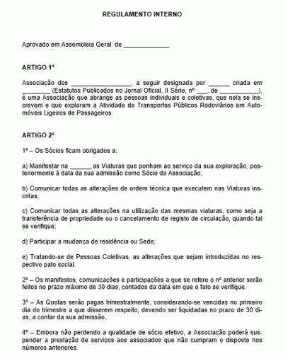 Modelo de Regimento Interno de Taxistas - Regulamento para Associação de Táxi