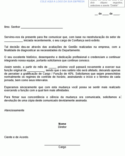 Modelo de Carta Exclusão Cargo de Confiança 40%