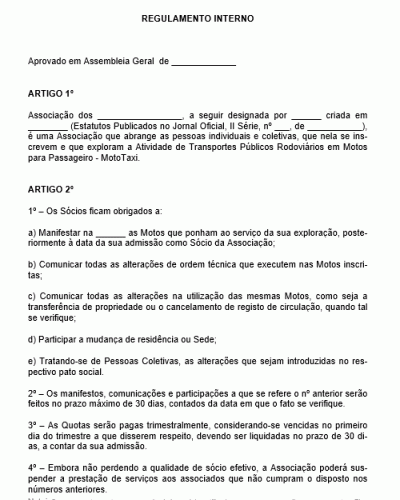 Modelo de Regimento Interno de Moto Taxistas - Regulamento para Associação de MotoTaxi