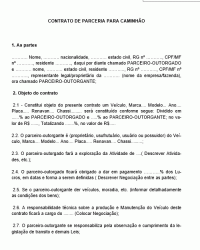 Modelo de Contrato de Parceria de Caminhão - Máquina Carreta Carro Veículos afins - Entre Pessoas Físicas