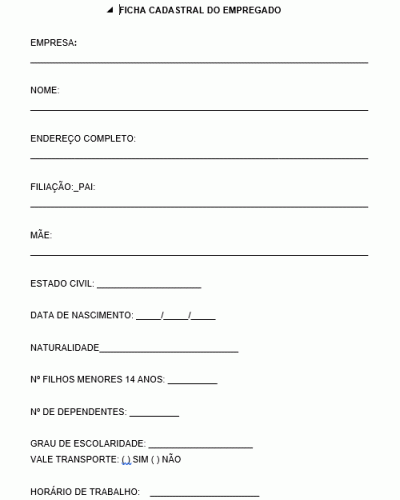 Modelo de Ficha Cadastral de Empregado