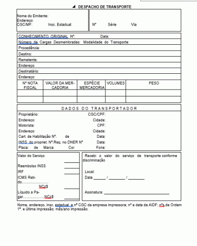 Modelo de Bilhete de Despacho de Transporte