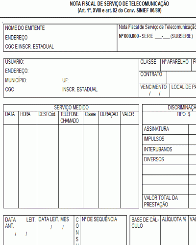 Modelo de Nota Fiscal de Serviço de Telecomunicação