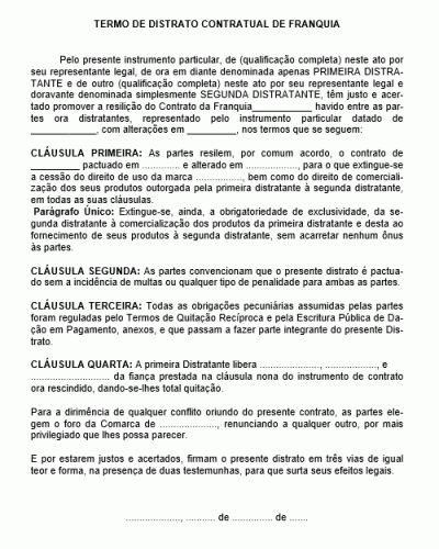 Modelo de Termo de Distrato Contratual para Franquia - Termo Rescisão de Contrato para Diversos Segmentos