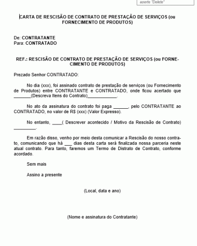 Modelo De Carta Para Pedir Rescisão De Contrato De Serviços Ou Produtos