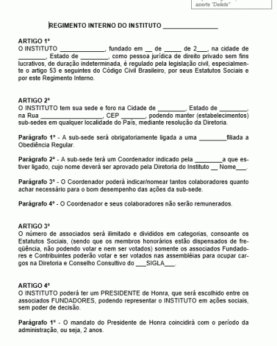 Modelo de Regimento Interno para Instituto voltado a Ações Sociais - Atividades de Assistência Social