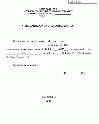 Modelo de Declaração de Comparecimento em Reunião - Para Escolas Colégio Faculdade Universidade