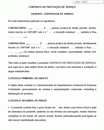 Contrato Padrão para Prestação de Serviço de Gerente / Supervisor de Vendas