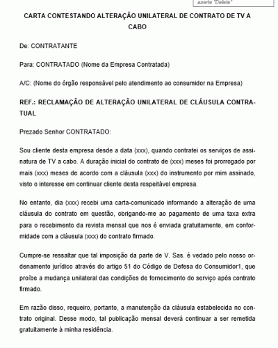 Modelo de Carta de Contestação de Alteração Unilateral de Serviços de TV à cabo