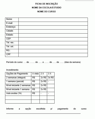 Modelo de Ficha de Inscrição para Aula de Dança