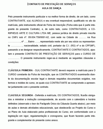 Modelo de Contrato de Prestação de Serviço de Aula de Dança - Completo