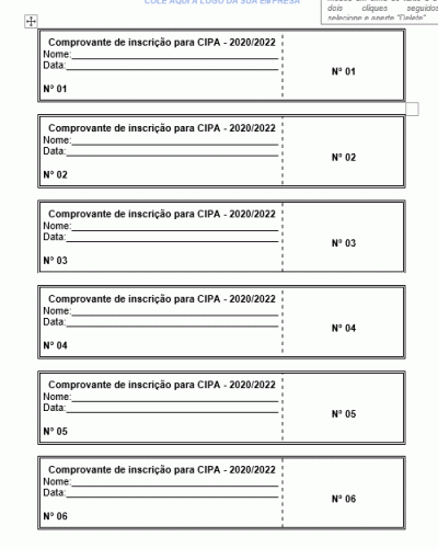 Modelo de Comprovante de inscrição na CIPA