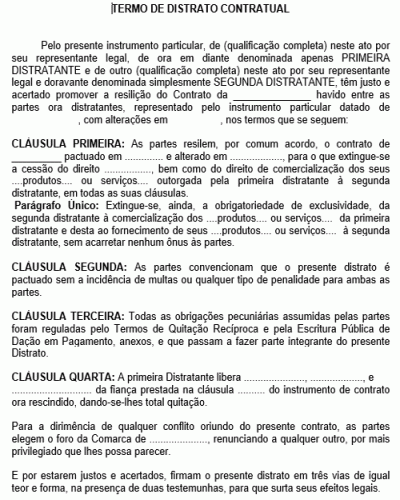 Modelo de Termo de Distrato Contratual Padrão - Rescisão de Contrato para Produtos ou Serviços - Diversos Segmentos