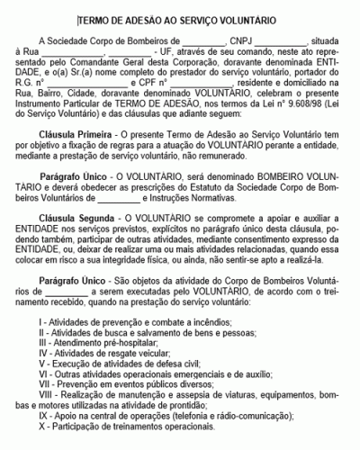 Modelo de Termo de Adesão ao Serviço Voluntário - Bombeiro Socorrista ou Auxiliar