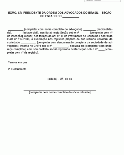 Modelo de Requerimento junto a OAB para Retirada Unilateral de Advogado no Contrato Social - Sócio Retirante