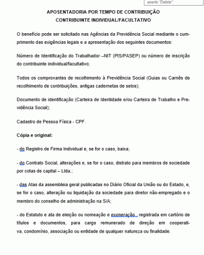 Modelo de Guia de Informações sobre Aposentadoria por tempo de contribuição