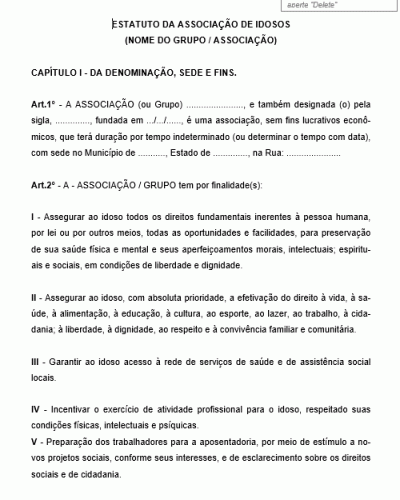 Modelo de Estatuto de Associação / Grupo de Idosos