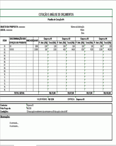 Modelo de Planilha de Controle de Cotação e Análise de Orçamento - Comparar orçamentos dos Fornecedores