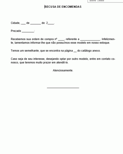 Modelo de Carta de Recusa de Ordem de Pedido - Solicitação de Troca de Modelo pedido pelo cliente