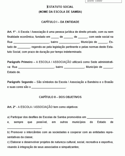 Modelo de Estatuto de Associação / Escola de Samba