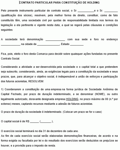 Modelo de Contrato Social para Constituição de Empresa Holding