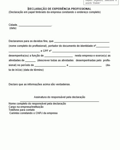 Modelo de Declaração de Experiência Profissional