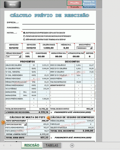 Exemplo de Planilha de Cálculo Automático de Rescisão Contratual de Trabalho
