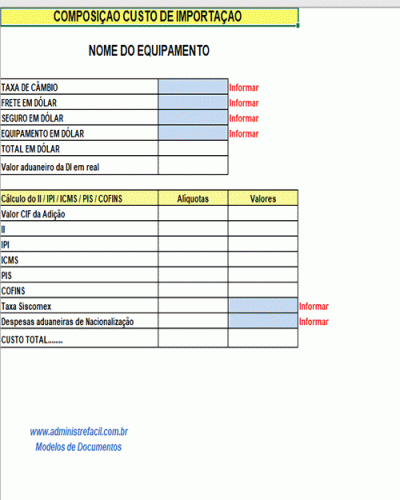 Modelo de Planilha de Cálculo sobre Importação