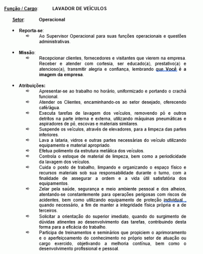 Modelo de Descrição de Cargo - Lavador de Veículos - Carro Moto Caminhão e Afins