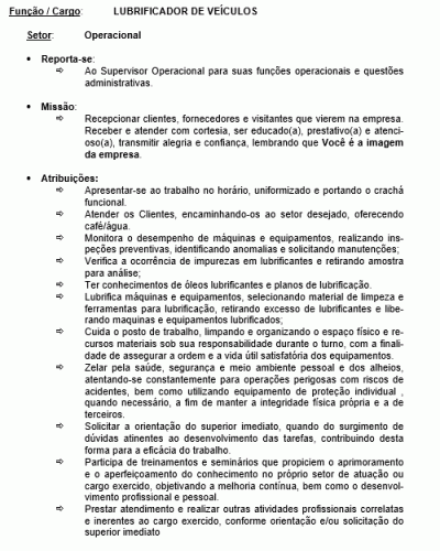 Modelo de Descrição de Cargo - Lubrificador de Veículos - Carro Moto Caminhão e Afins