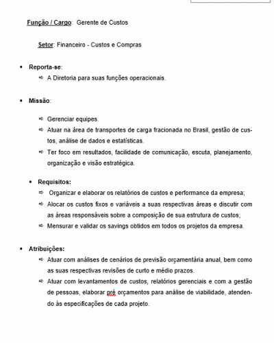 Modelo de Descrição de Cargo de Gerente de Custos