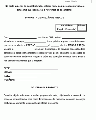 Modelo de Proposta de Pregão de Preços