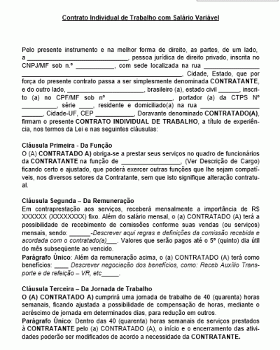 Modelo de Contrato Individual de Trabalho com Salário Variável - Vendedor Comercial Comissão