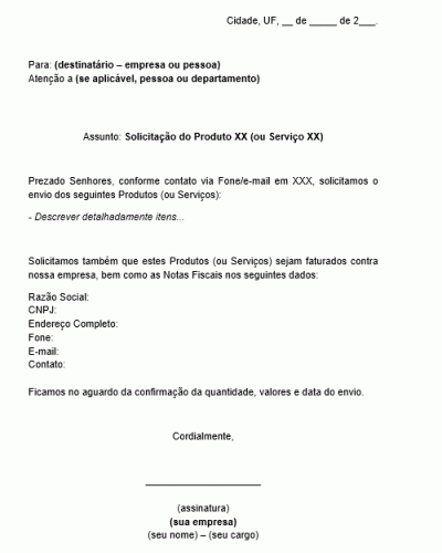 Modelo de Carta Requerimento de Solicitação de Produtos ou Serviços