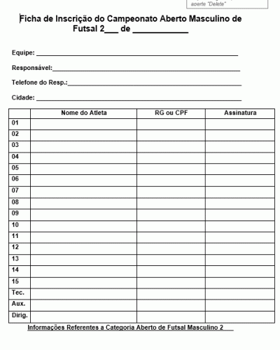 Modelo de Ficha de Inscrição e Regulamento para Torneiro Campeonato Aberto de Futsal