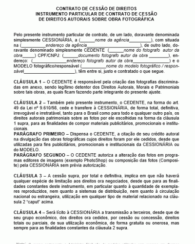 Modelo de Contrato de Cessão de Direitos Autorais sobre Obra Fotográfica - Profissional da Moda Modelos